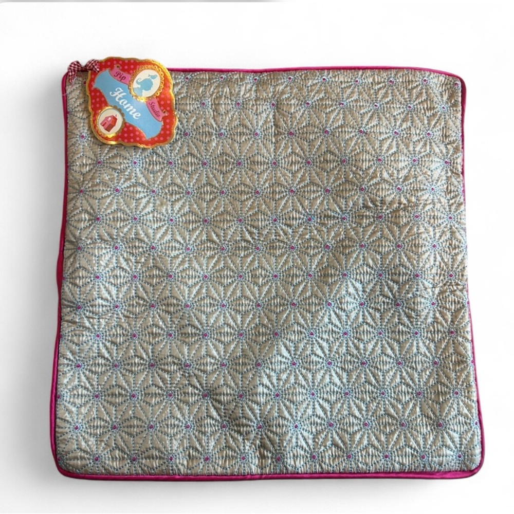PIP STUDIOS for Anthropologie Quilted Silver Pillow Cover Pink Trim 14 x 14